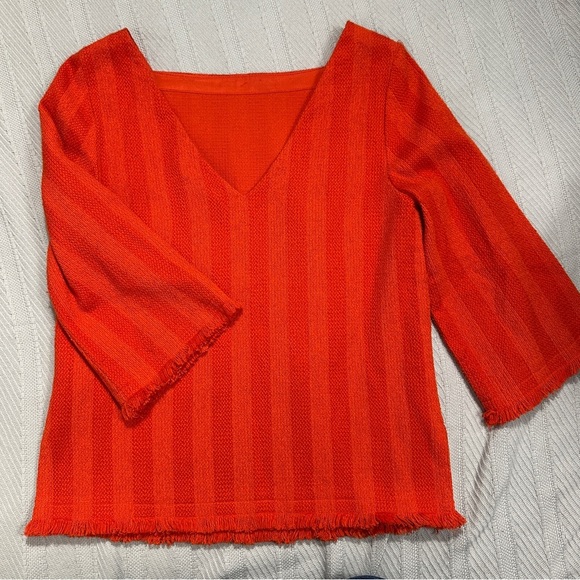 Trina Turk orange striped top, 3/4 slv, size medium, fringe, nubby, fall - Picture 2 of 9
